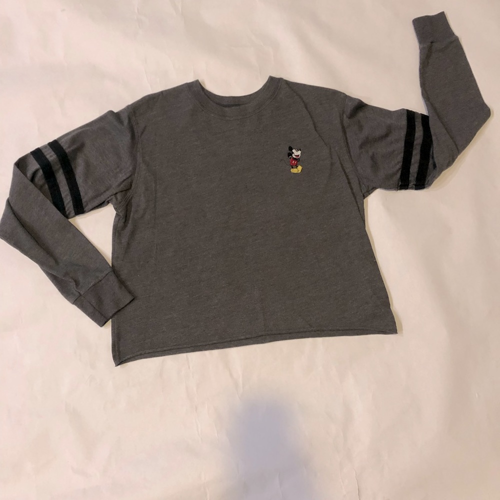 Disney Embroidered Mickey Mouse Size Small Gray Crop Long Sleeve Shirt Pullover